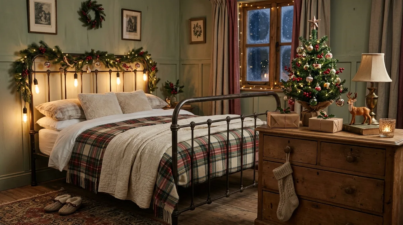 Vintage-inspired Christmas bedroom with soft lights and a small tree.
